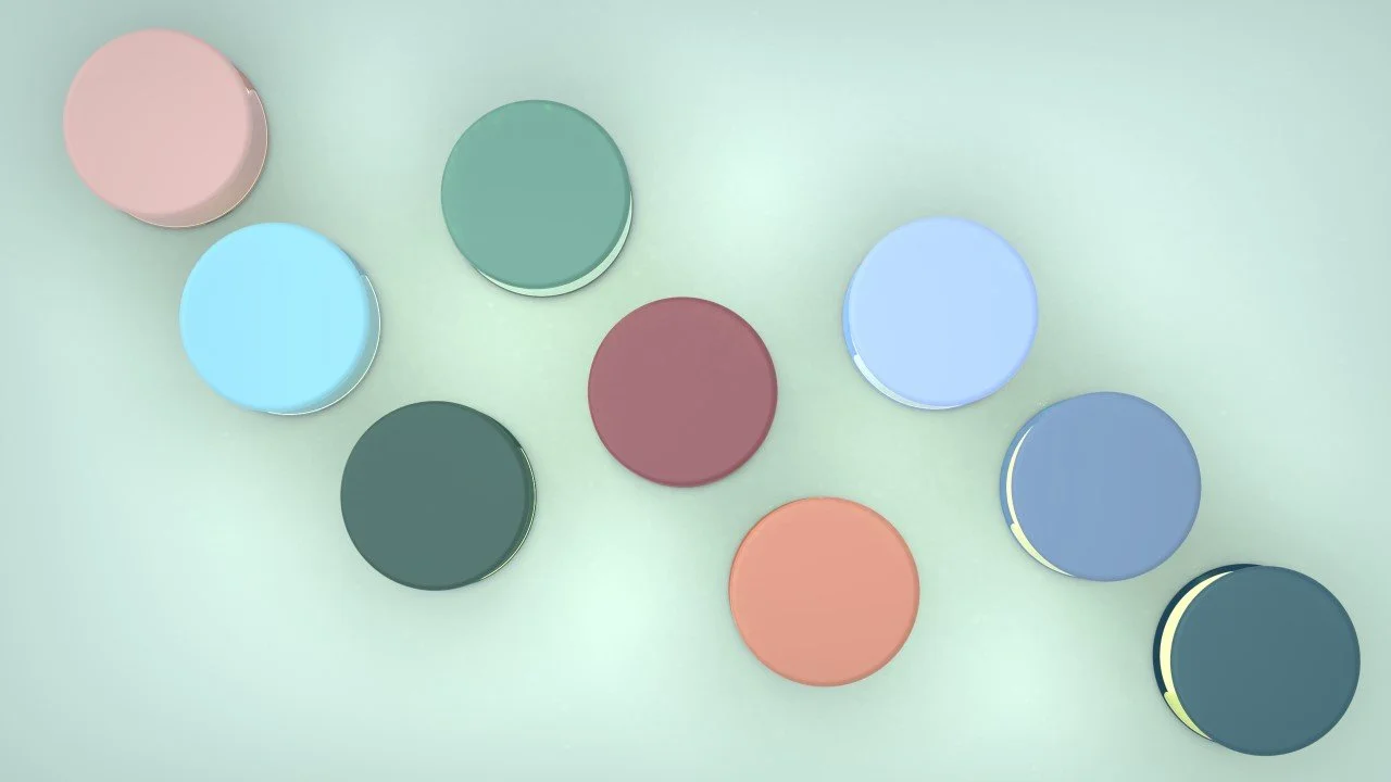 Overhead arrangement of circular objects in pastel colours on a pale green surface.