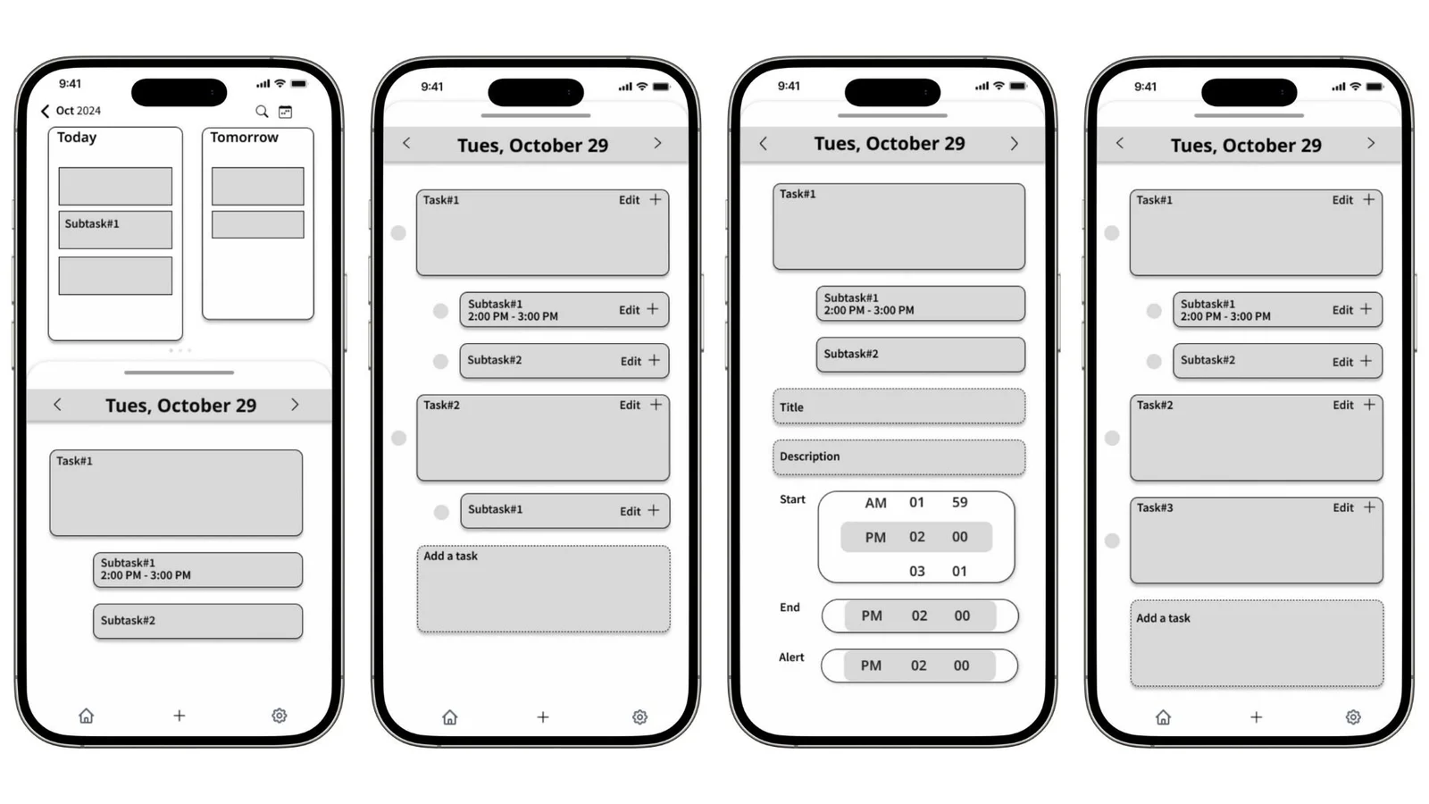Four greyscale phone screens explore planning and creating a task.