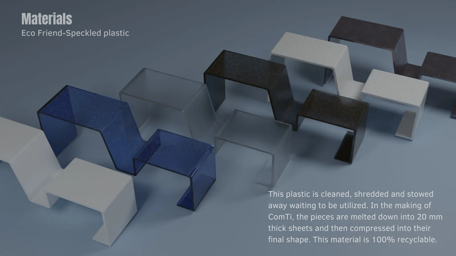 Material concept board with coloured table renderings and a proposed process for cleaning, shredding and forming plastic sheets.