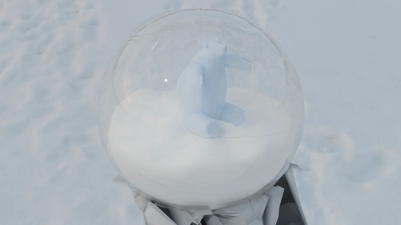 Pale blue bear inside a transparent snow globe on a snowy surface.