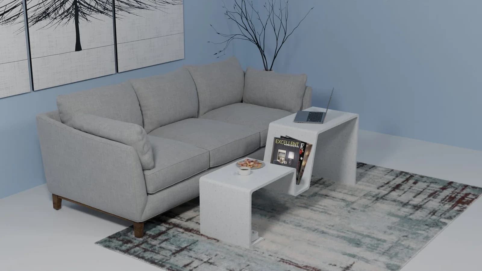 Living-room render showing ComTi in front of a sofa with a tablet, magazines and refreshments.