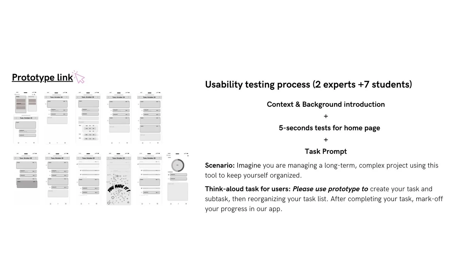 A testing board shows a prototype overview, session context and a planning scenario.