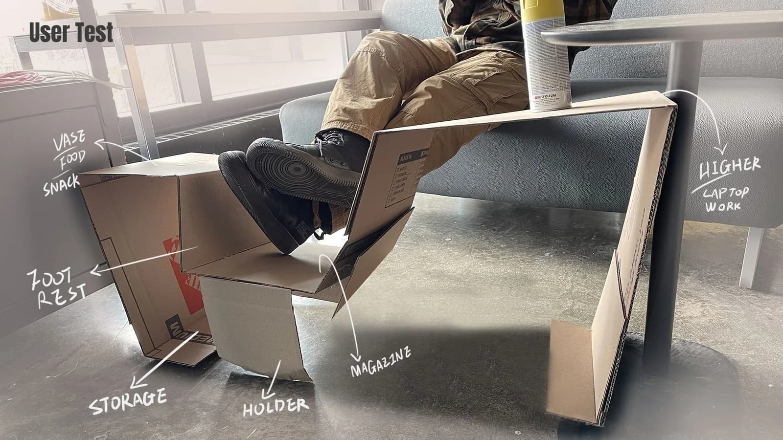 Person using a full-scale cardboard table mockup, annotated for laptop work, food, storage, magazines and footrest positions.