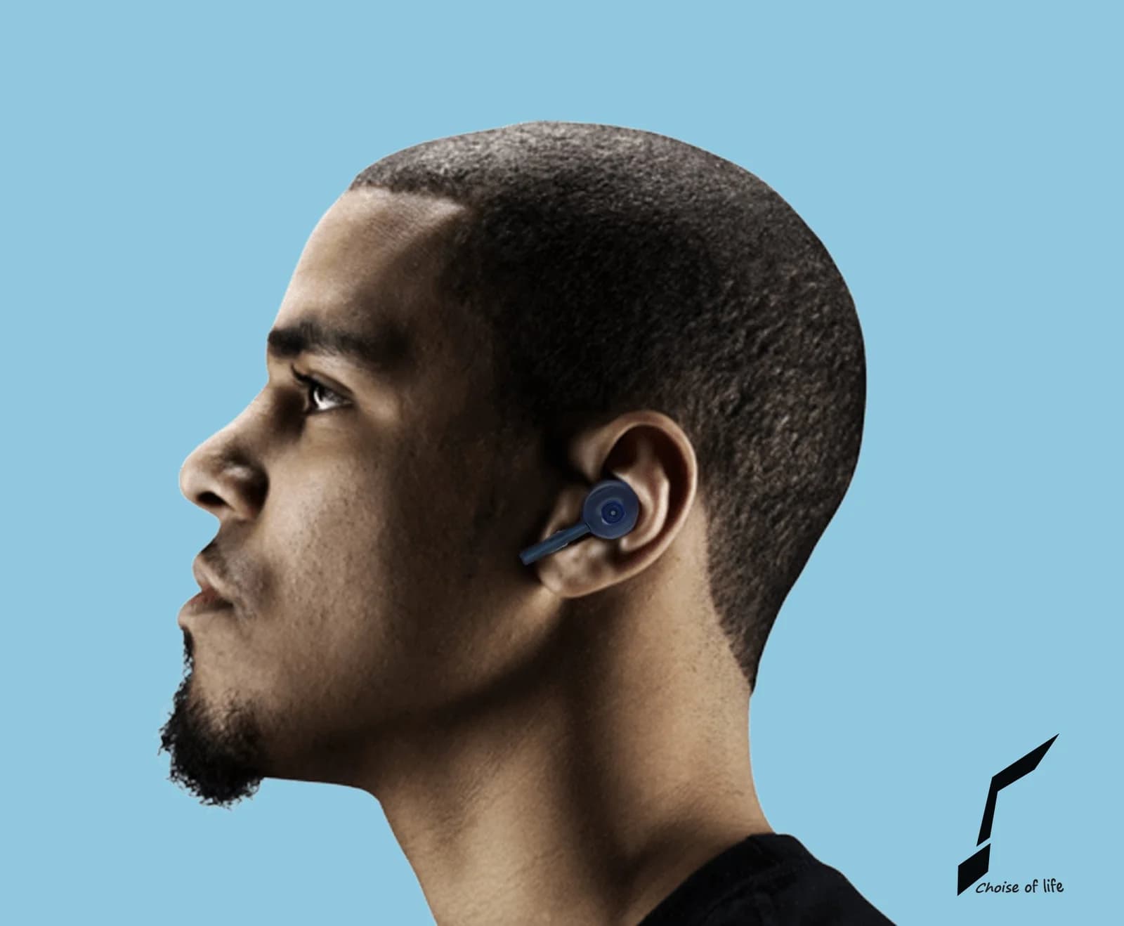 Illustrative side-profile presentation of a person wearing the blue earbud.