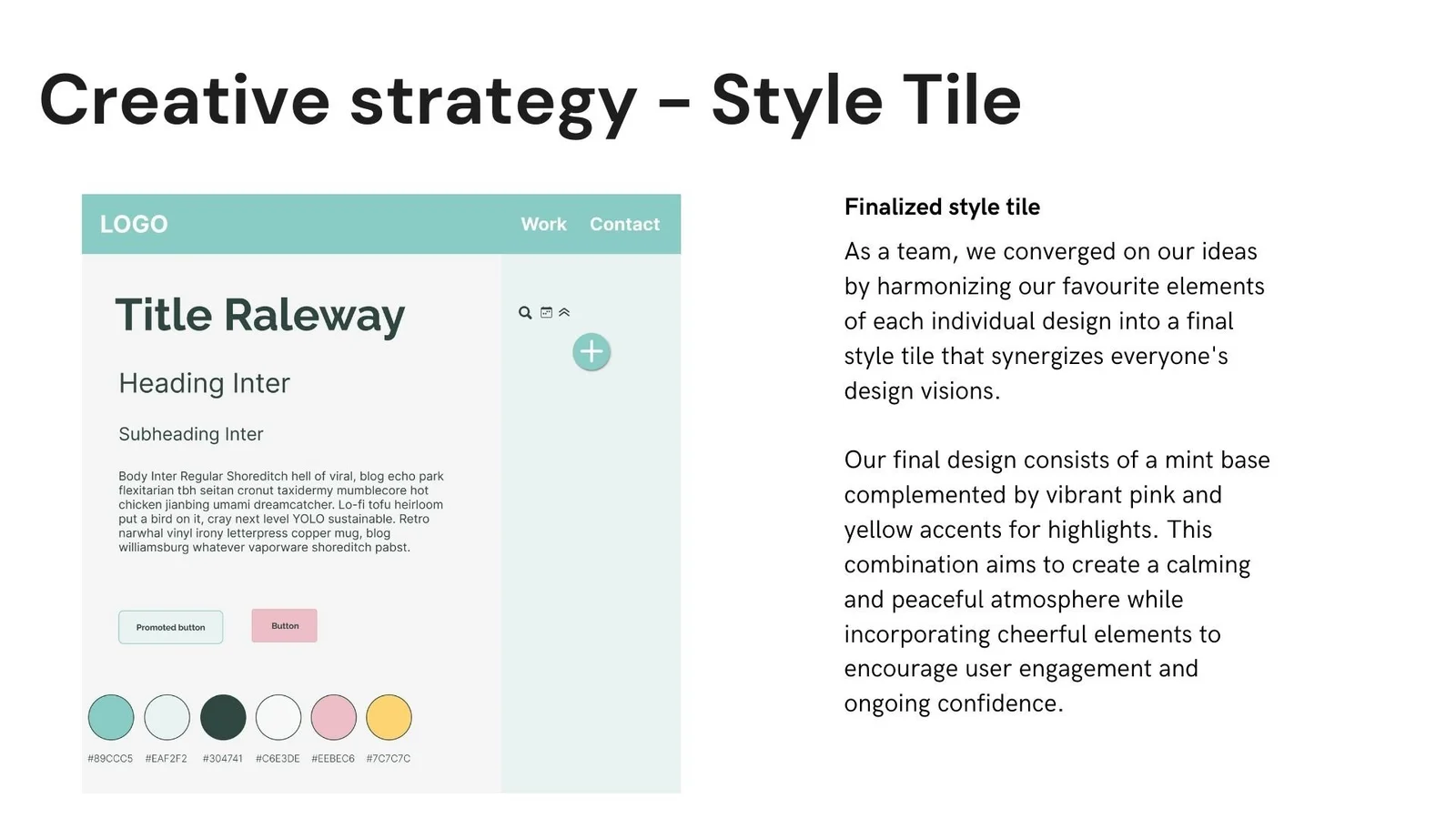 A style tile documents typography, interface examples and a pastel colour palette.