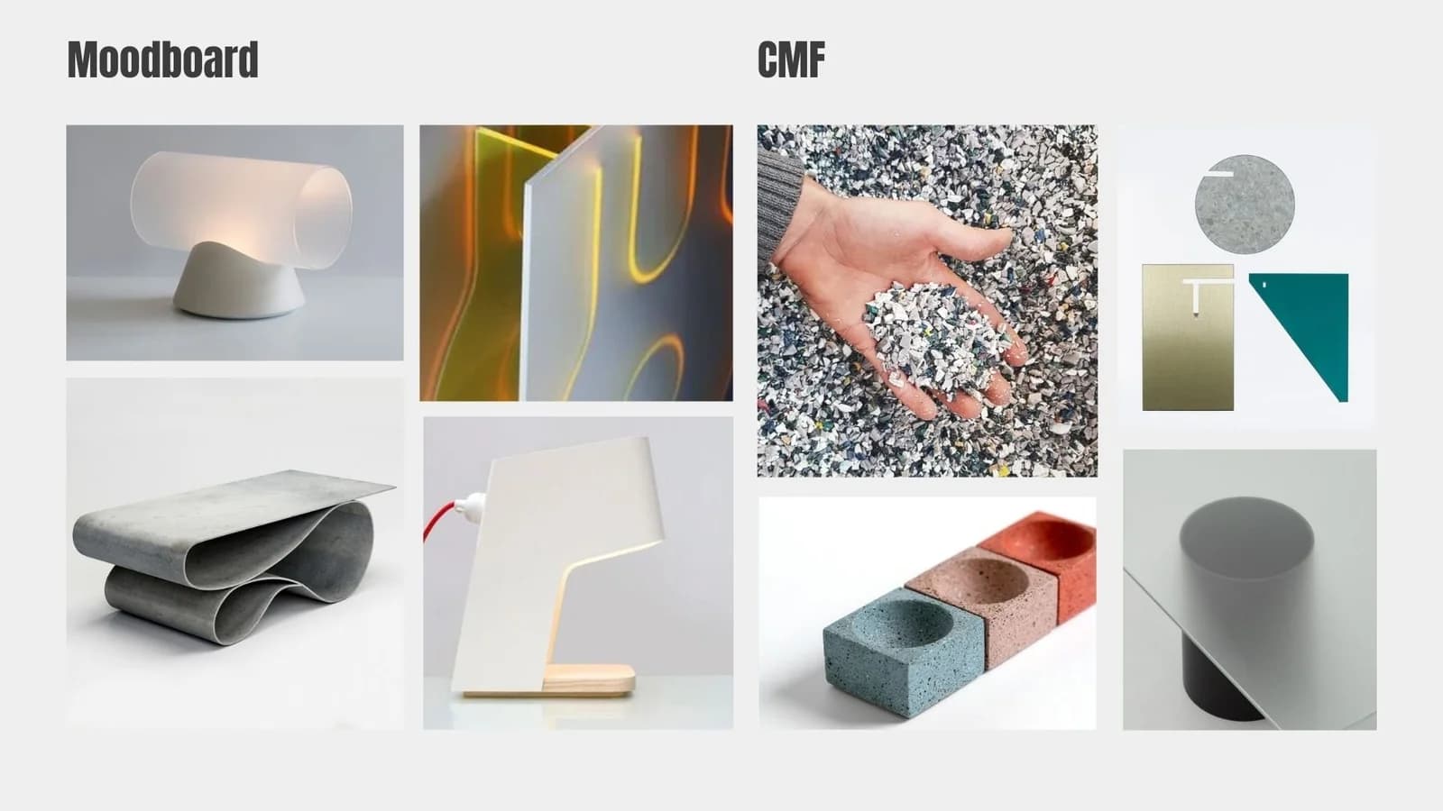 Moodboard of curved furniture, lighting, material samples and a restrained colour palette.