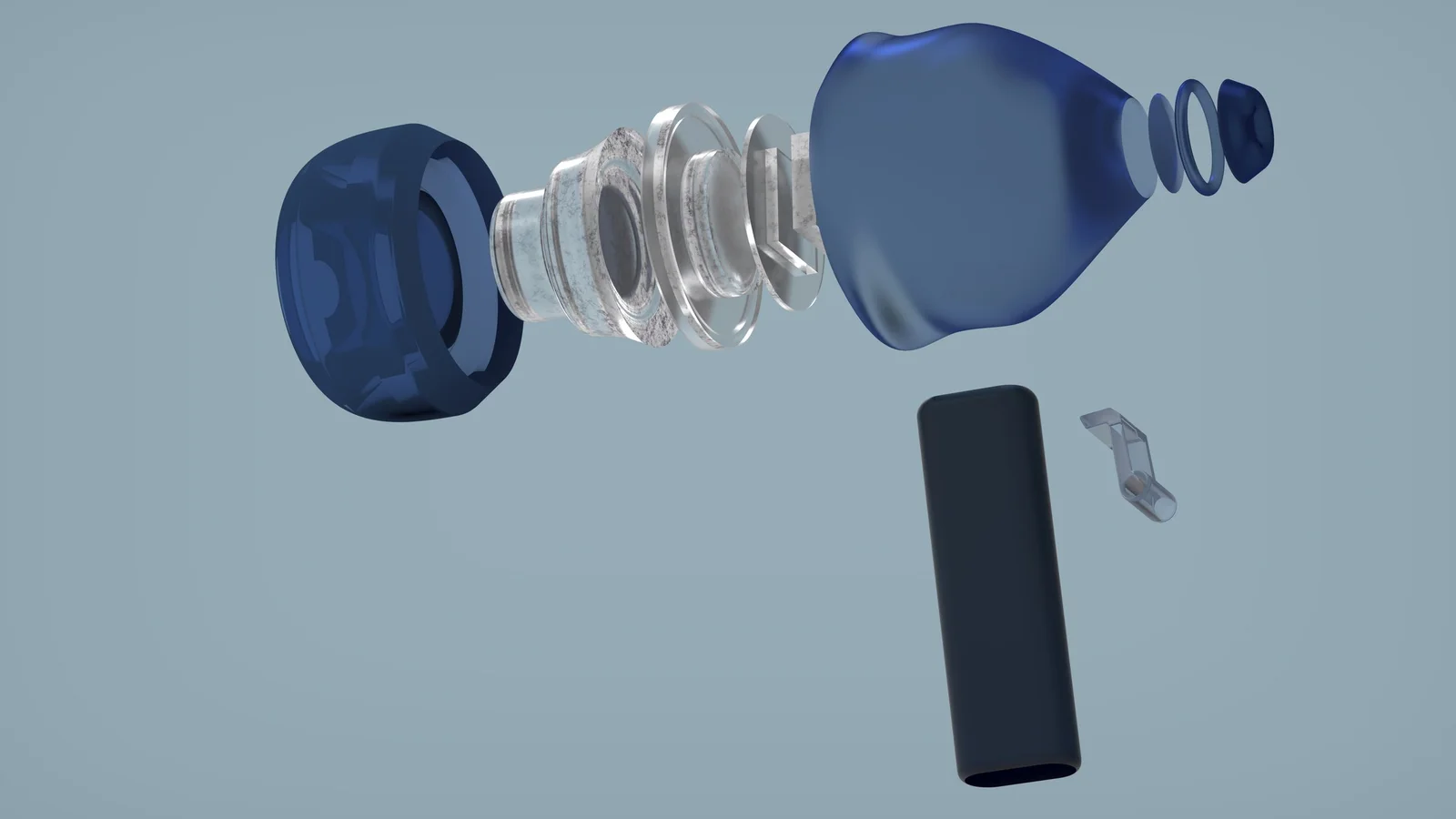 Exploded view of a blue earbud with its casing and internal components separated.