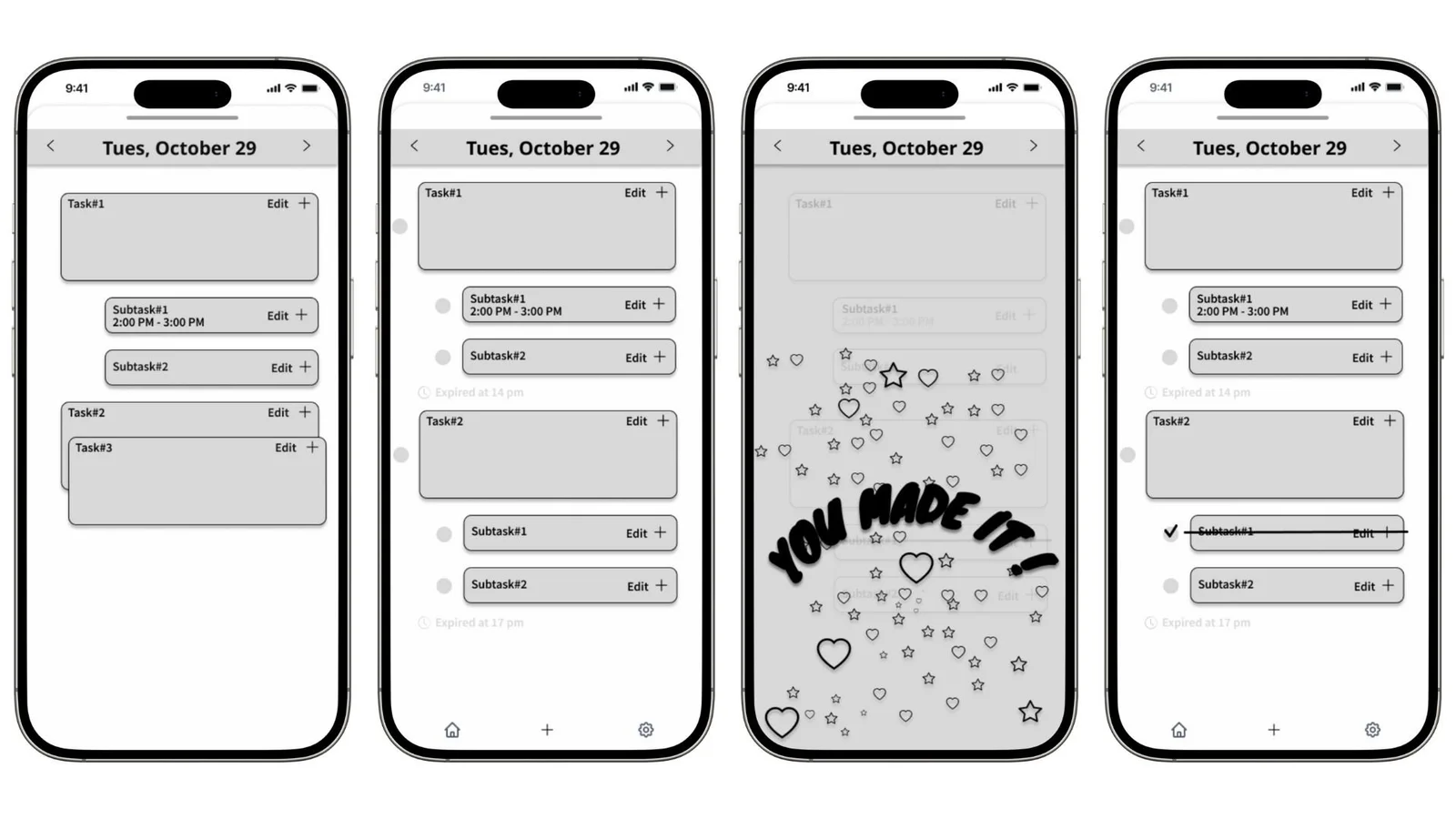 Four greyscale screens show checking off a task and displaying celebratory feedback.