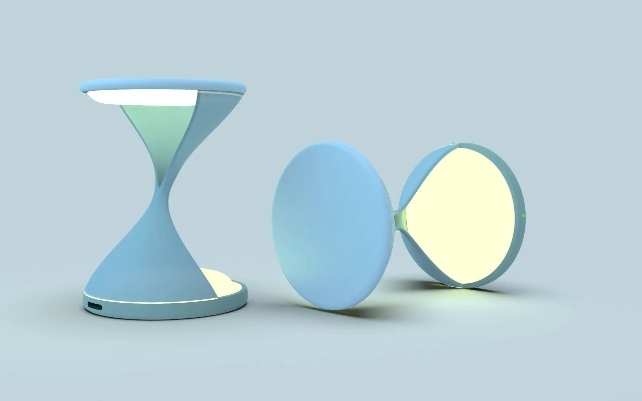 Pastel lamp-like forms with circular illuminated faces on a light blue background.