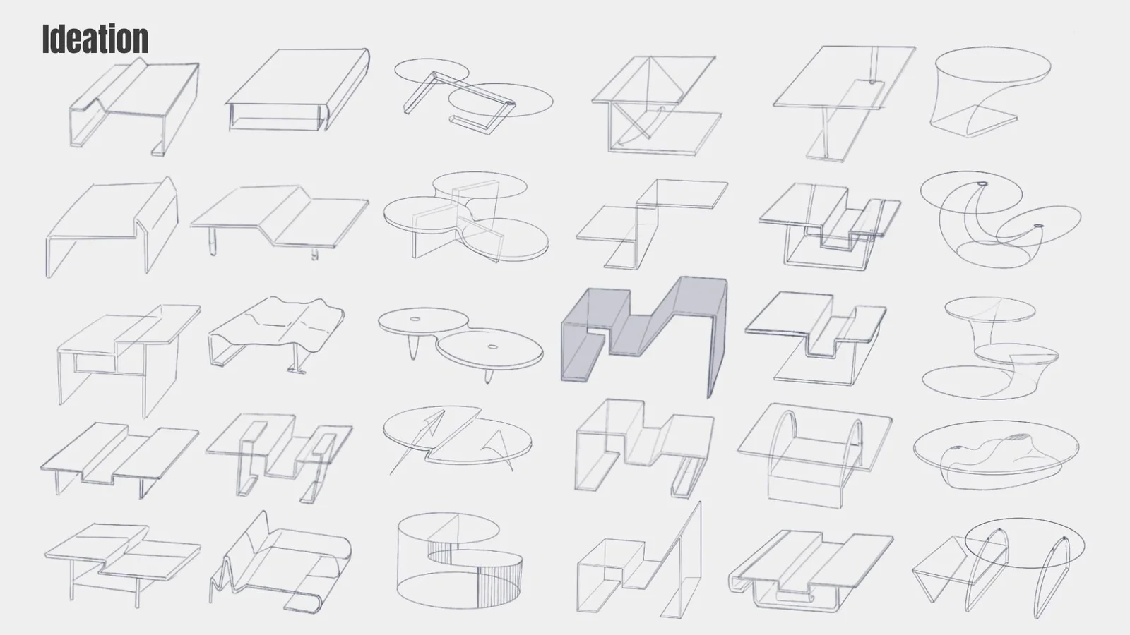 Rows of hand-drawn table concepts exploring stepped, curved, nested and divided surfaces.