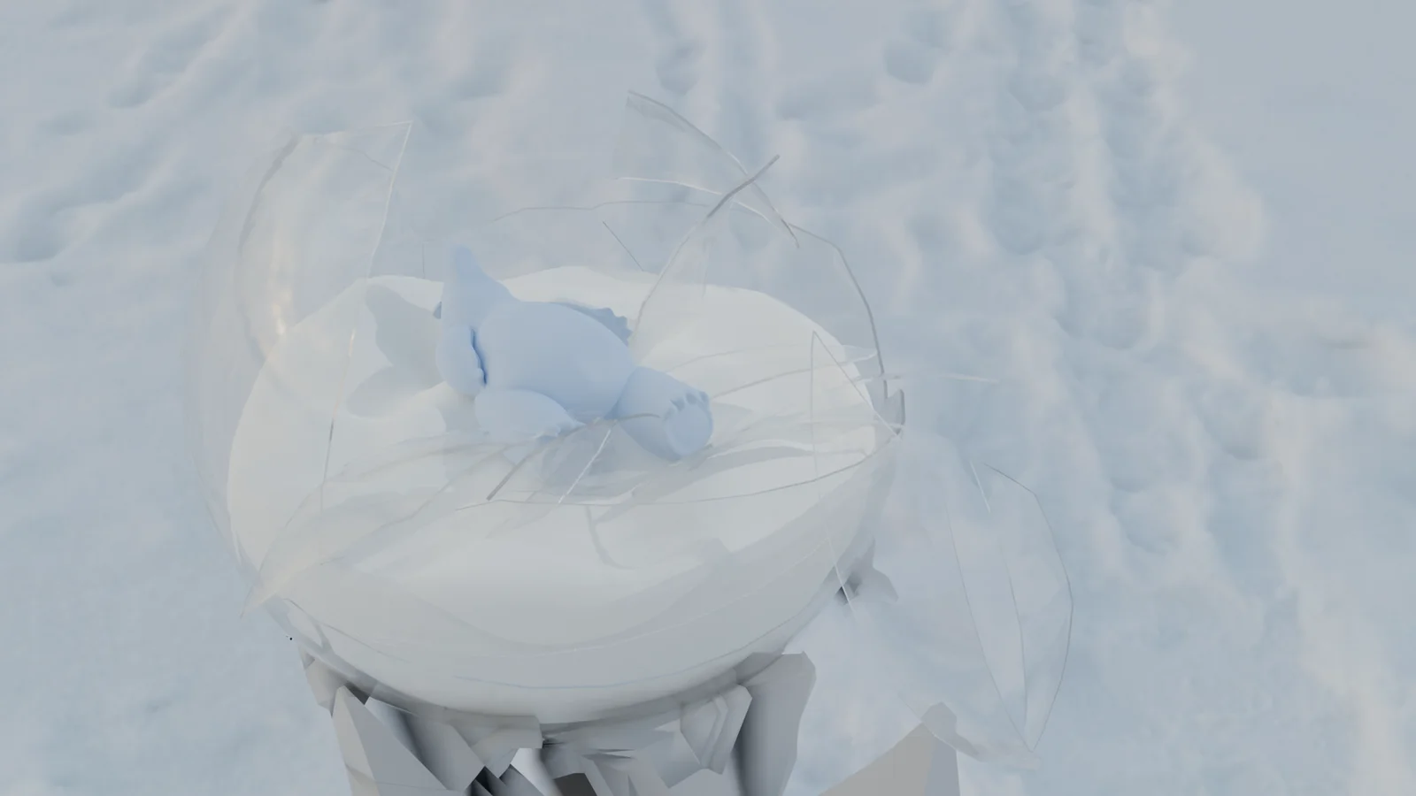 Angled view of the bear snow globe, showing reflections and the surrounding snow.