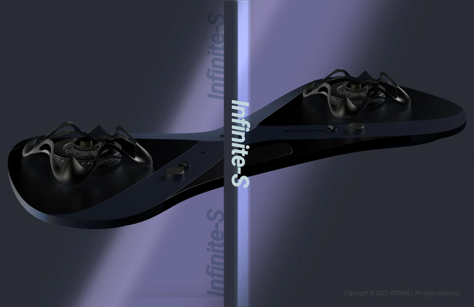 Alternate view of the curved cooktop in a purple studio setting.