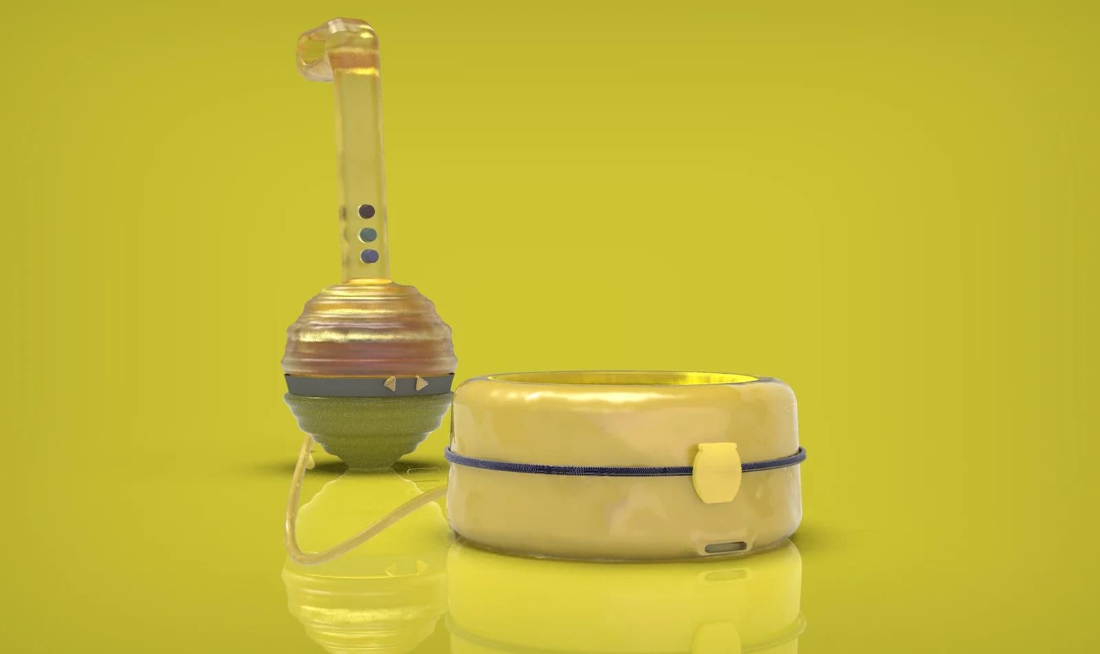 Yellow product still life with a tall narrow-necked object and a round lidded container.