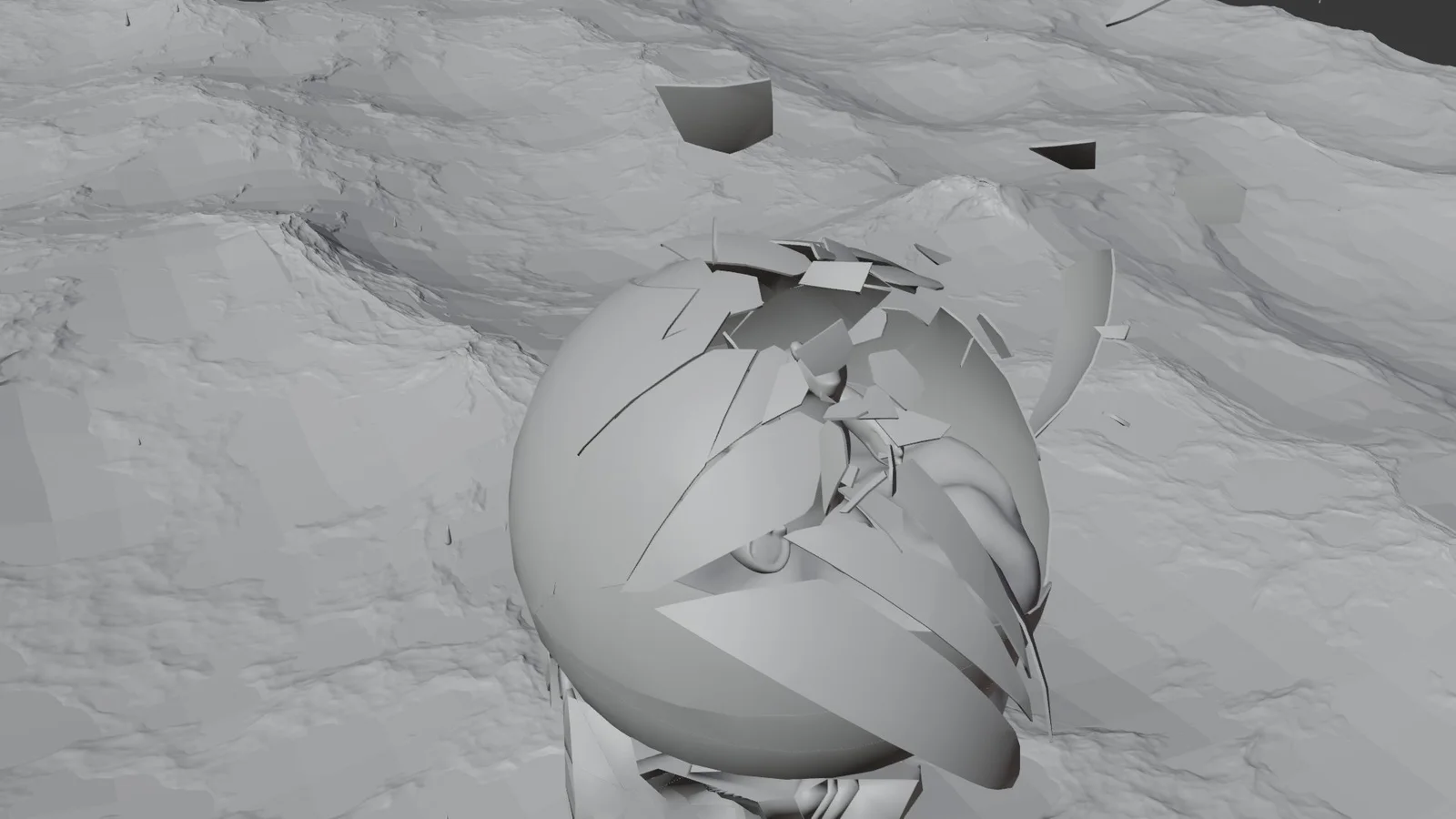 Untextured scene study of a globe-like form and angular fragments above an uneven surface.
