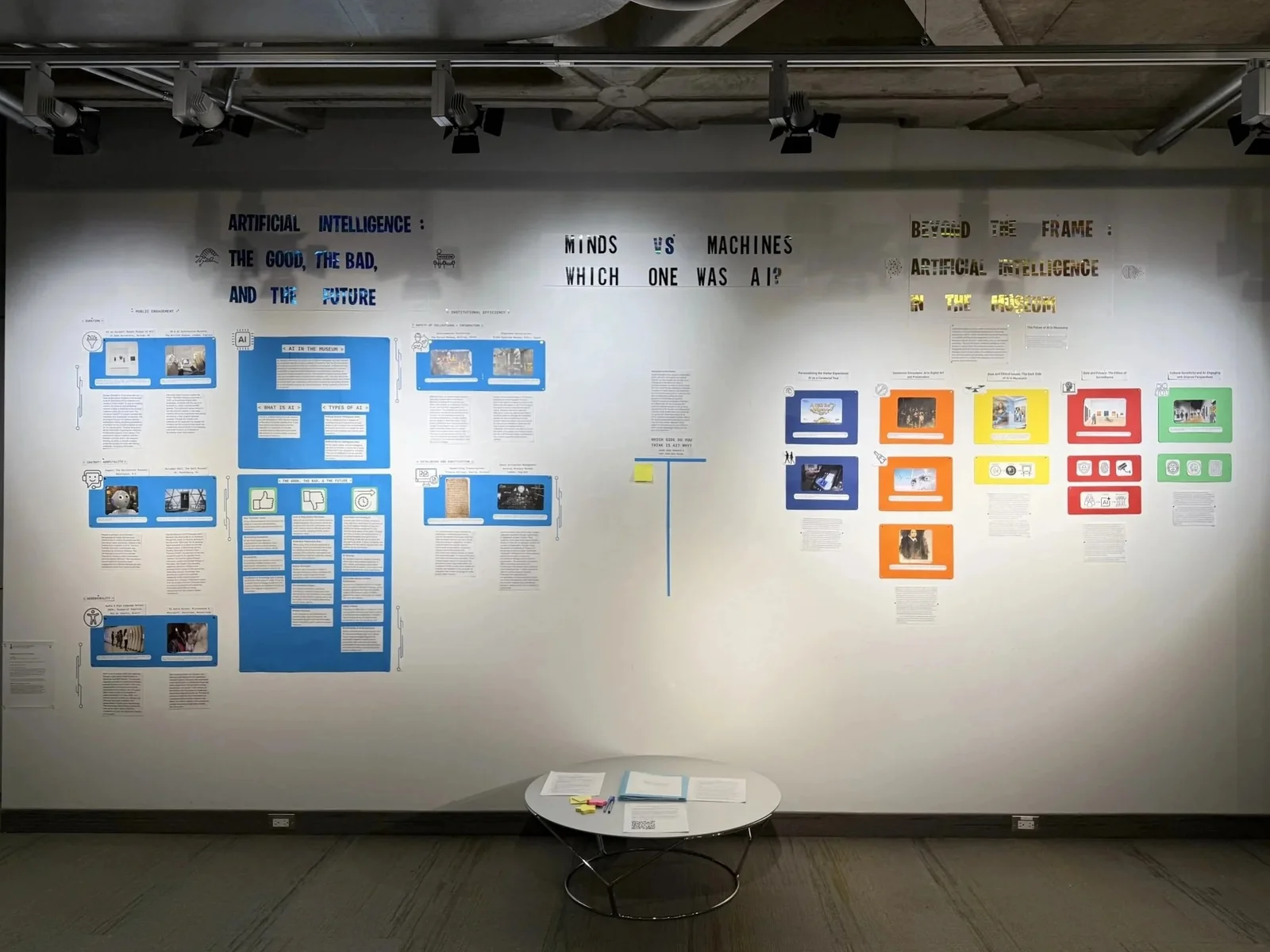 Exhibition wall with two parallel interpretations of AI in museums, a central authorship question, and a table for visitor responses.