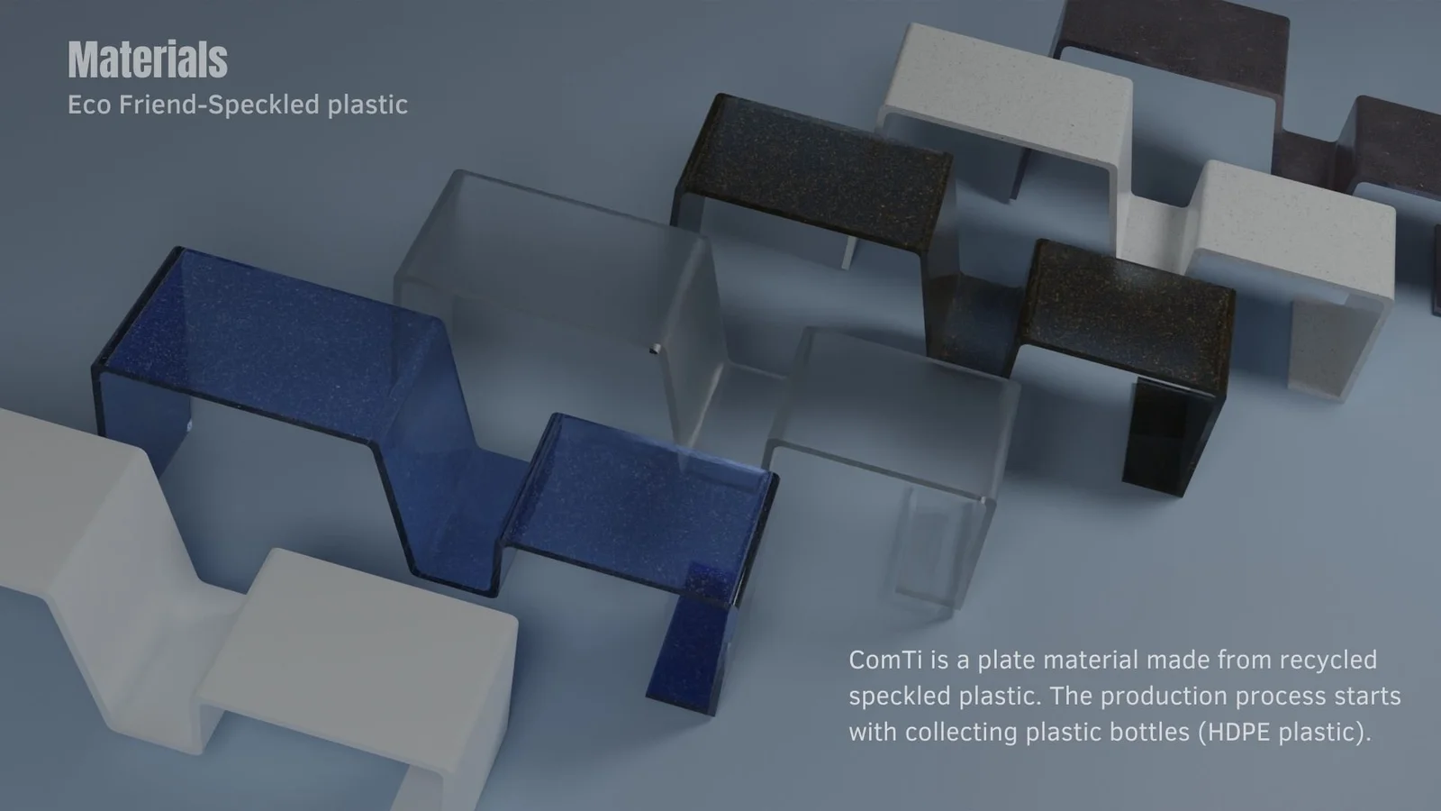 Material concept board proposing recycled HDPE from plastic bottles, with several colour and finish renderings.