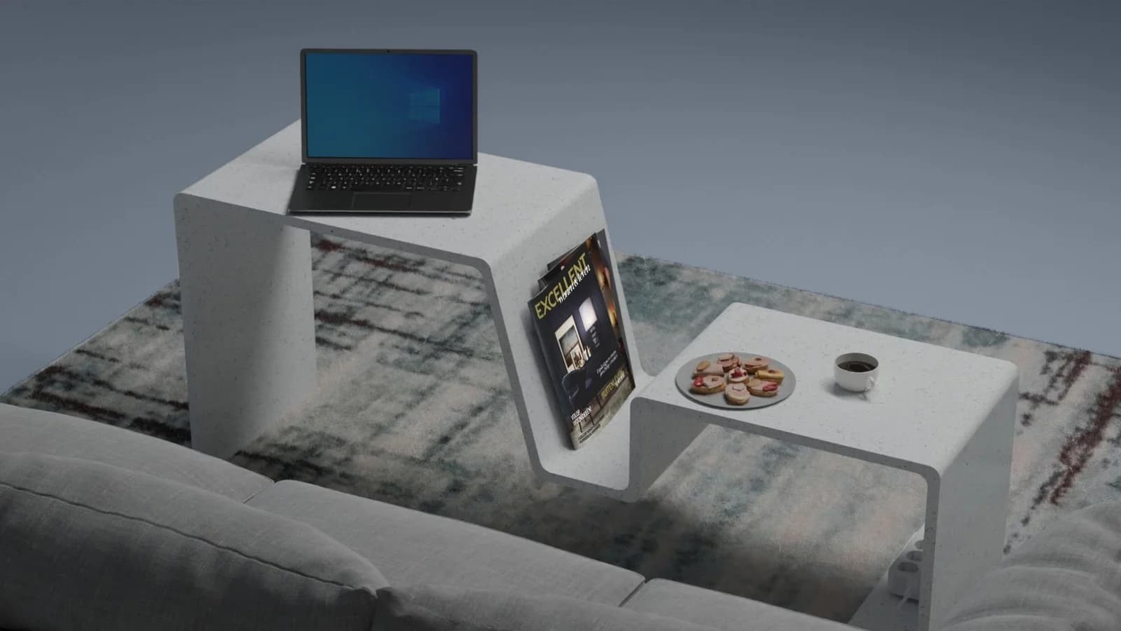 Table rendered with a laptop on its higher surface, a magazine in the central recess and refreshments on the lower surface.