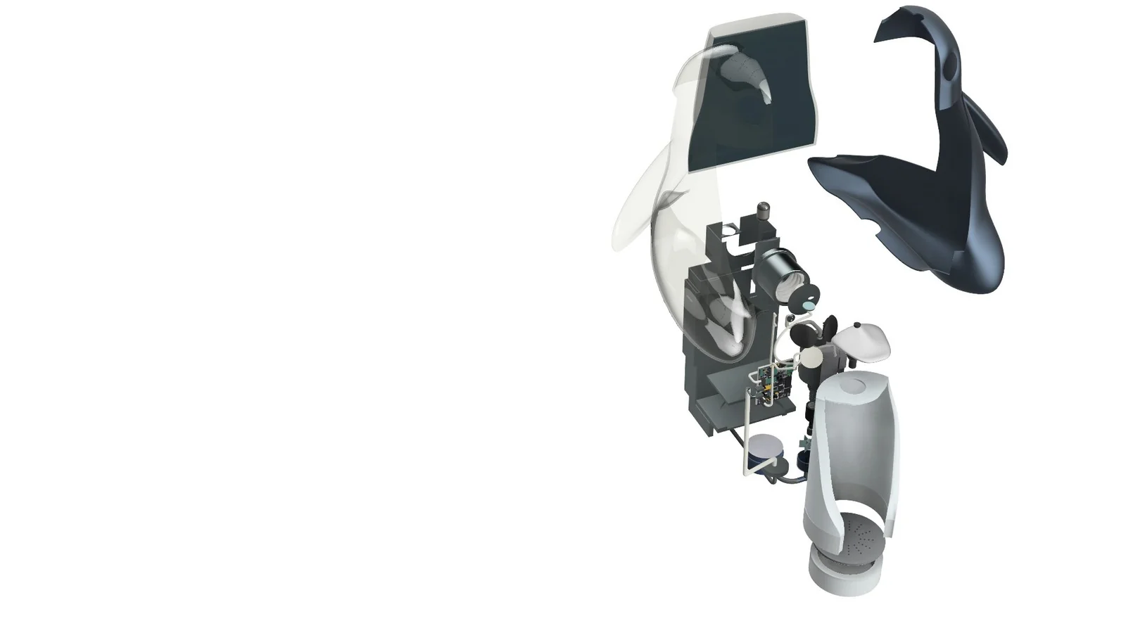 Exploded view of a penguin-shaped coffee machine, separating its shell and internal components.
