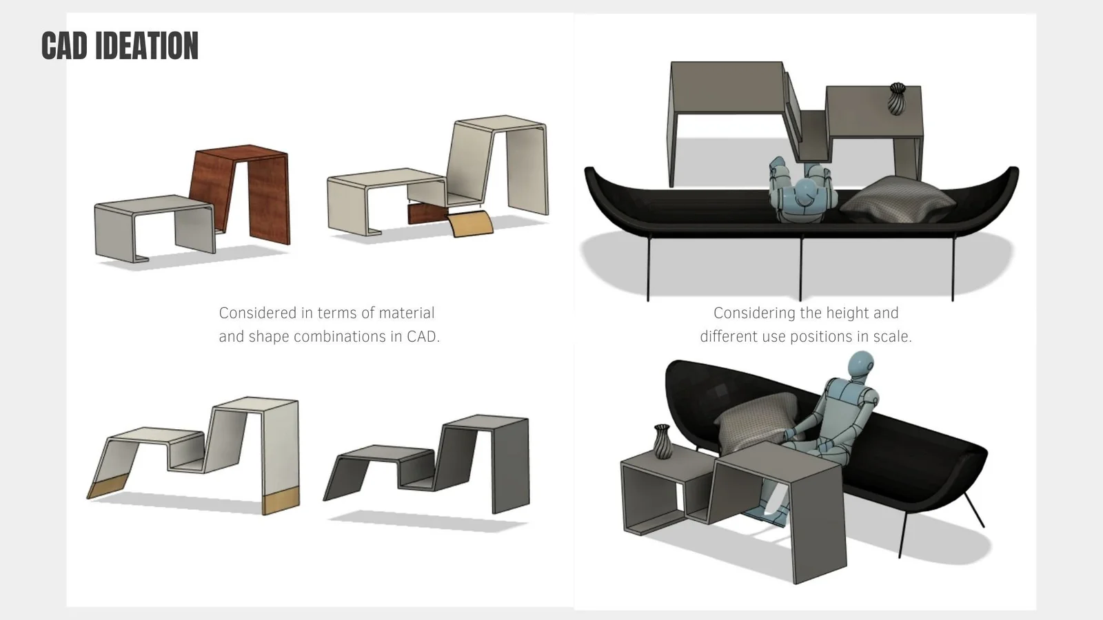 CAD models exploring table shapes and materials, alongside scaled seated figures and sofas.