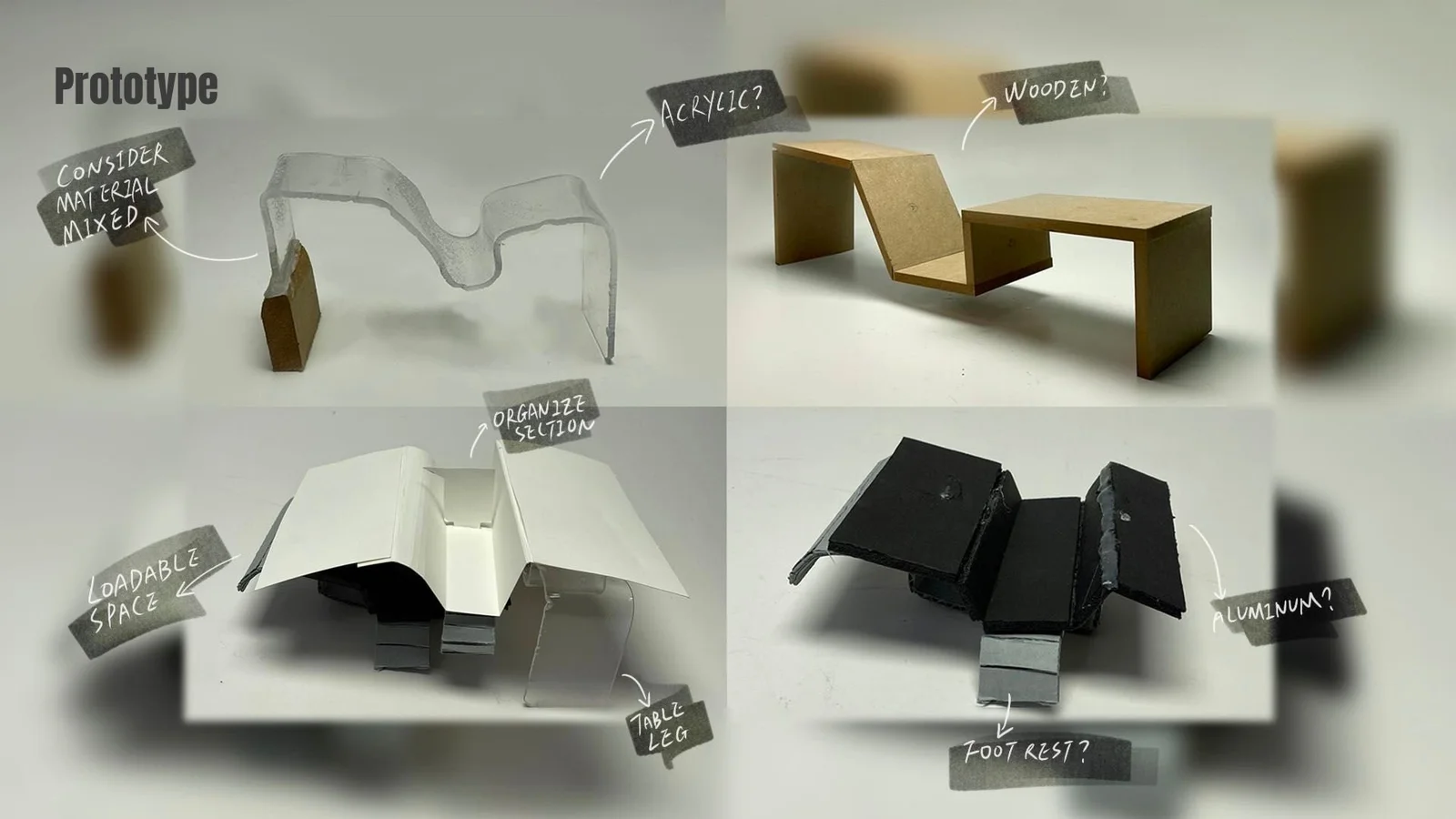 Four small physical table models with annotations exploring mixed materials, folding, legs and a footrest.