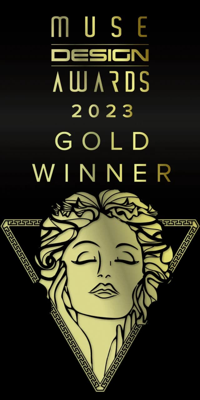 Black and gold MUSE Design Awards badge reading 2023 Gold Winner.
