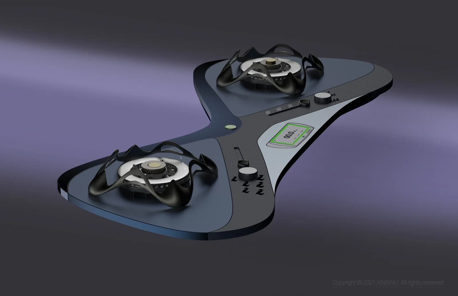 Two-burner cooktop with a flowing dark surface against a purple background.