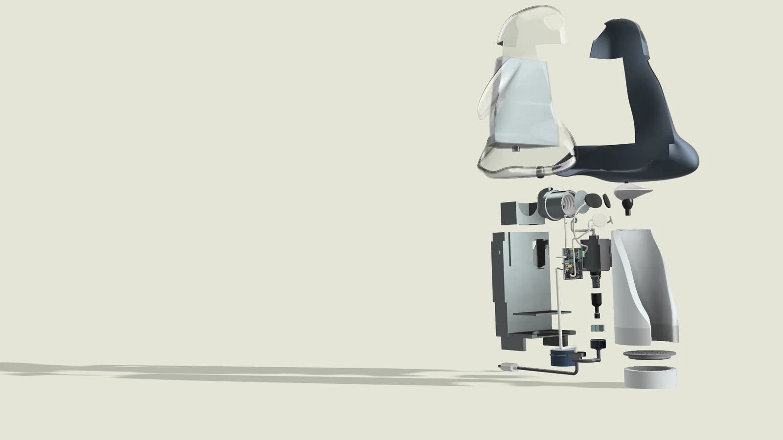 Side view of the exploded coffee machine with its components arranged vertically.