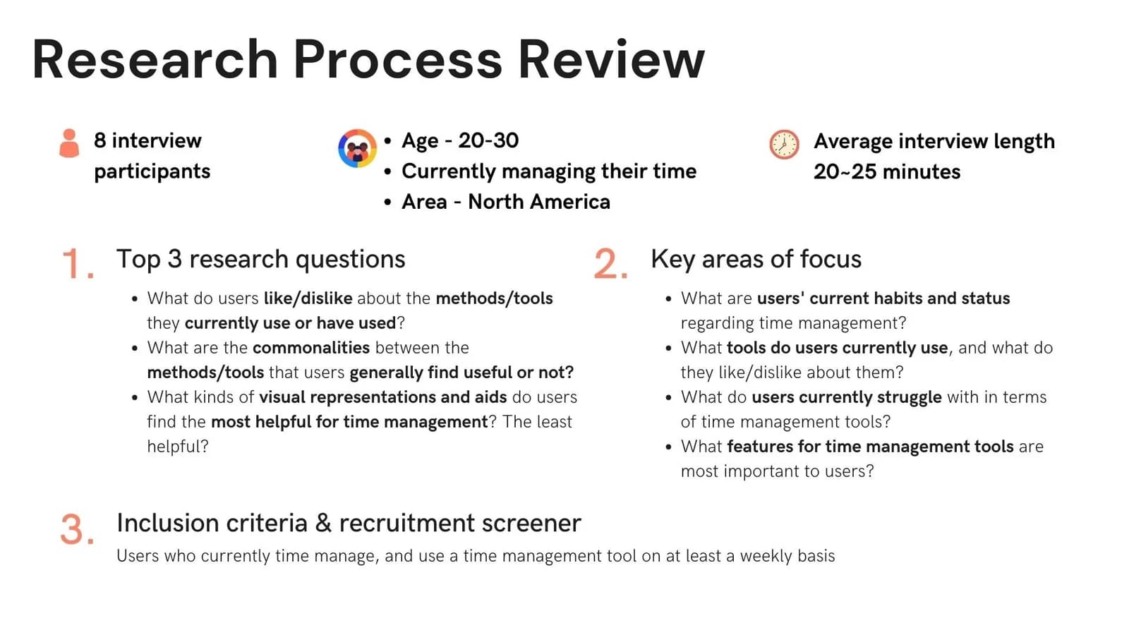 Research board summarizing interview participants, research questions, focus areas and recruitment criteria.