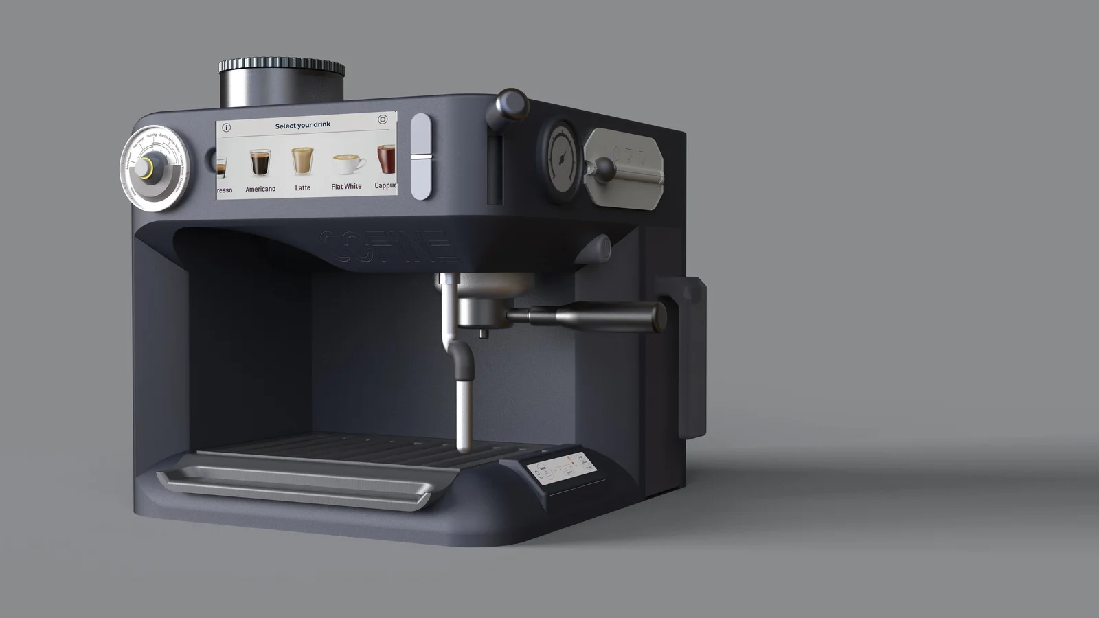 Three-quarter rendering of the COFINE espresso machine with a bean hopper, touchscreen, dial, portafilter, steam wand and drip tray.