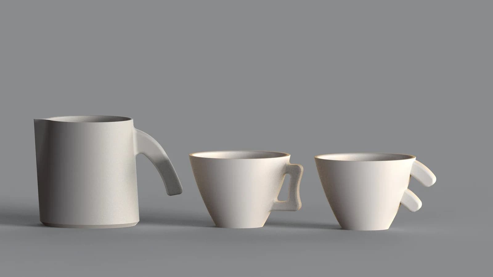 Rendering of a matching milk pitcher and two cups with sculptural handles.