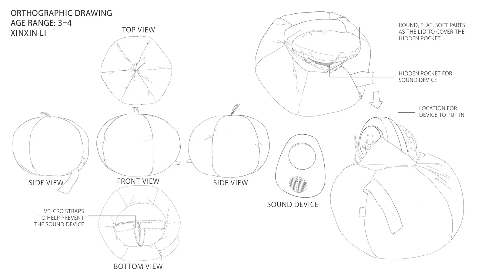 Line drawings of a rounded object in top, side, front and bottom views, with construction lines and annotations.