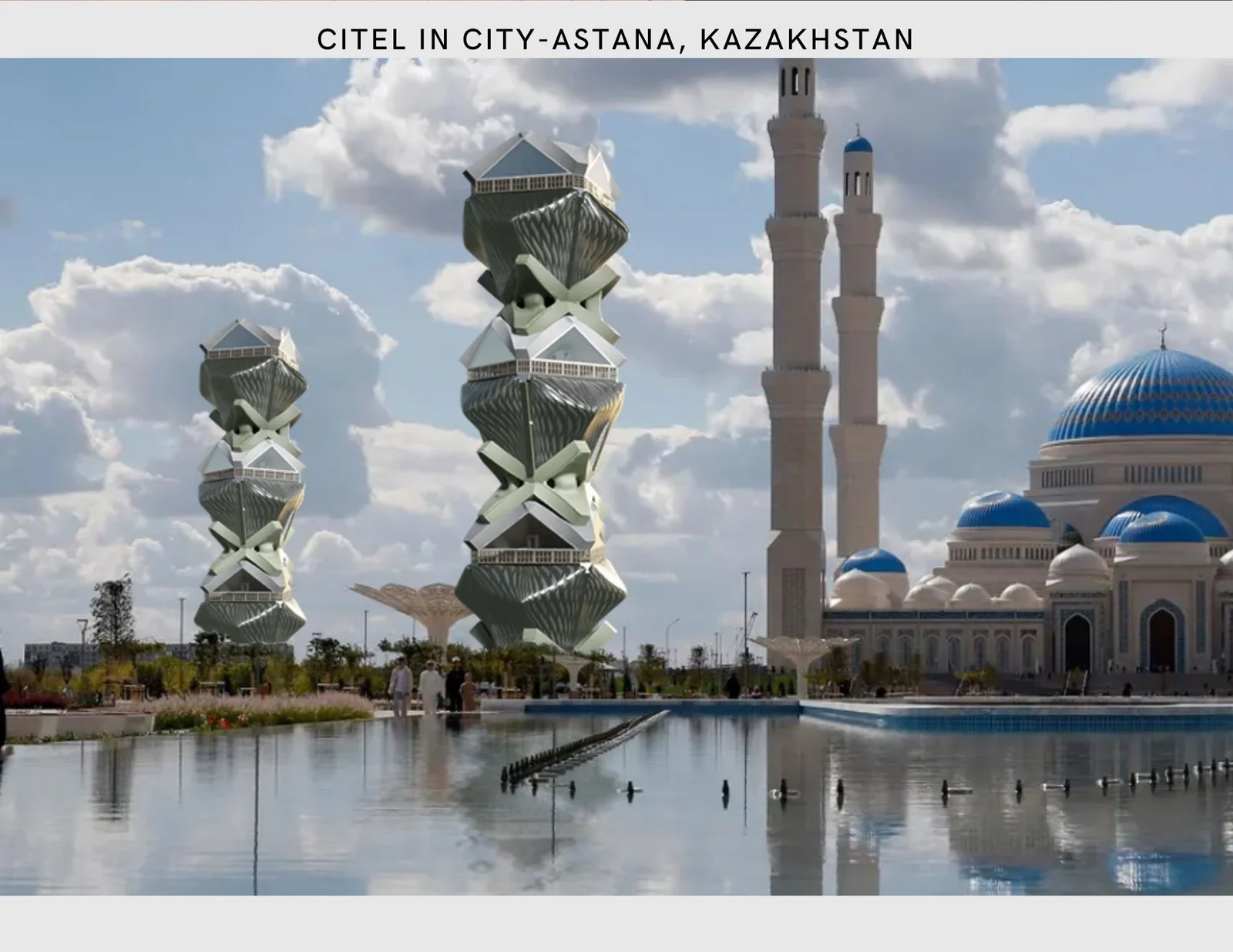 Concept montage places a tall modular hotel beside water and domed buildings in Astana, Kazakhstan.