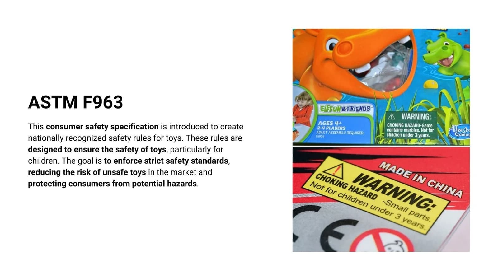 Original research board mentioning ASTM F963 alongside packaging warning examples; not a certification of Sweet Things.