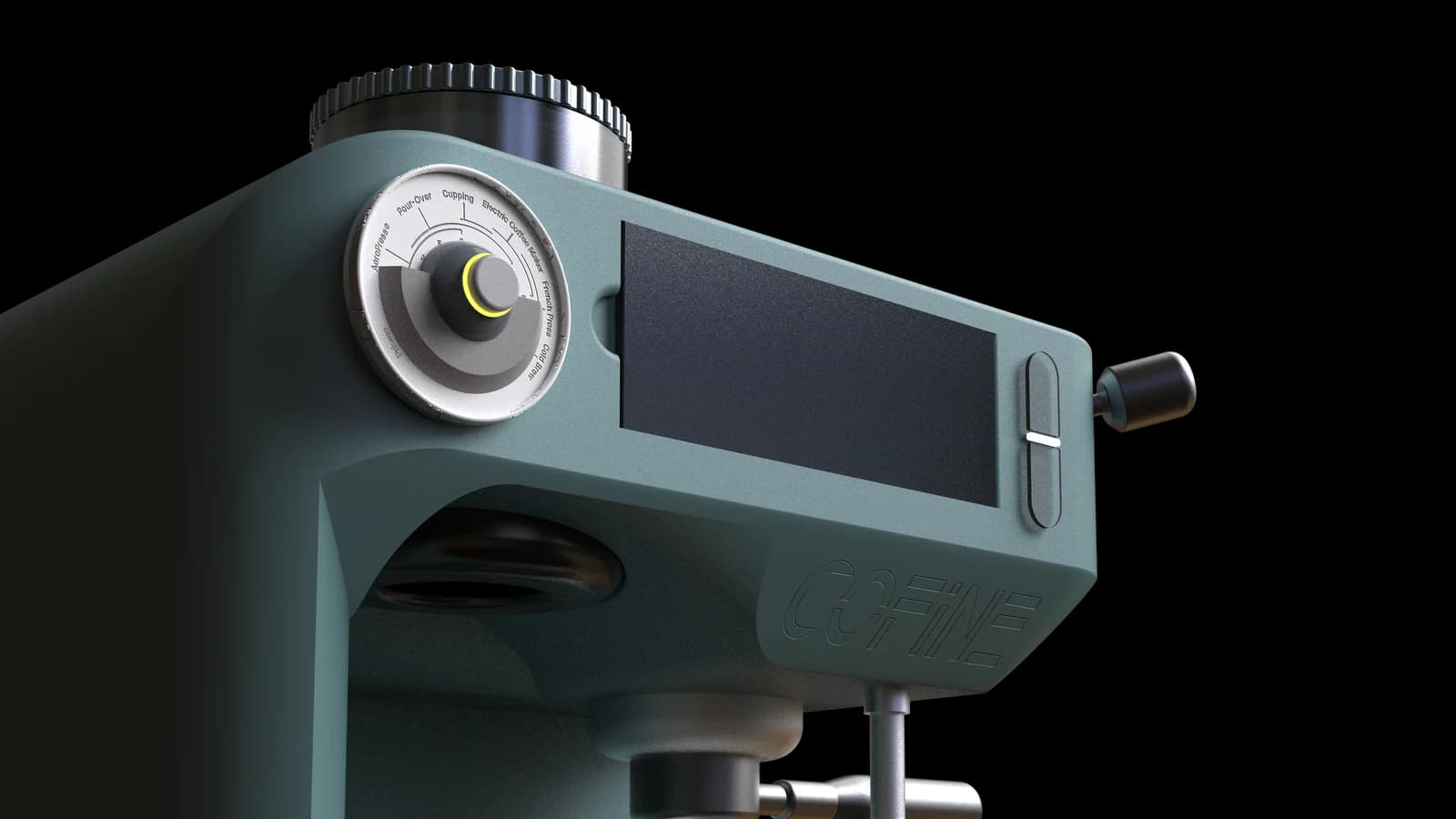 Close-up of the espresso-machine housing in a steel-teal finish.