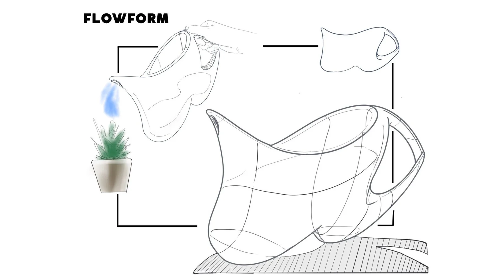 Curved organic forms developed through contour lines, with a flowing vessel-like shape and a small plant reference.