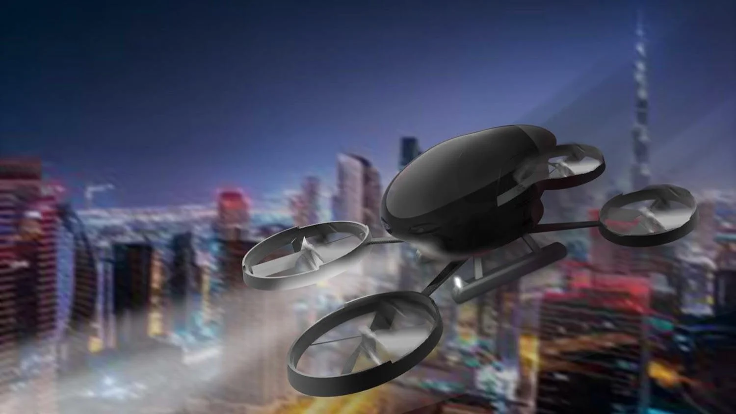 Rendered drone with an enclosed cabin and circular rotor housings composited over a futuristic city.