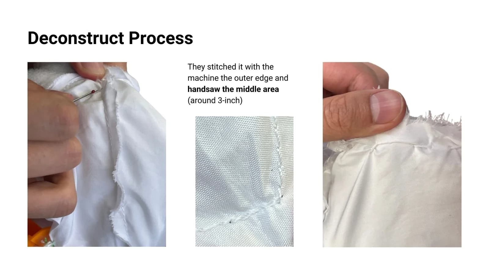 Close-up photographs of opening the plush ball and examining its stitching and interior fabric.