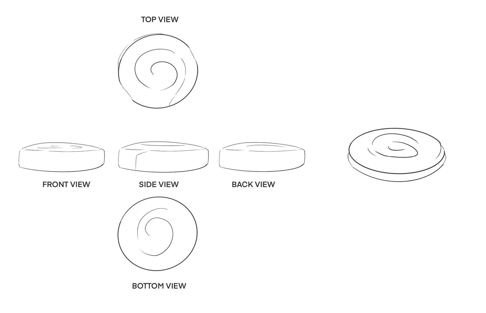 Top, front, side, back and bottom views of a spiral-shaped soft topping.