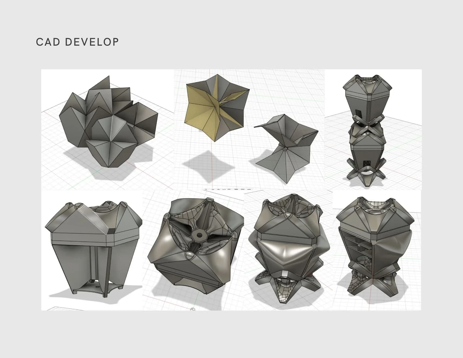 CAD views explore faceted modular shells, structural forms and vertical stacking.