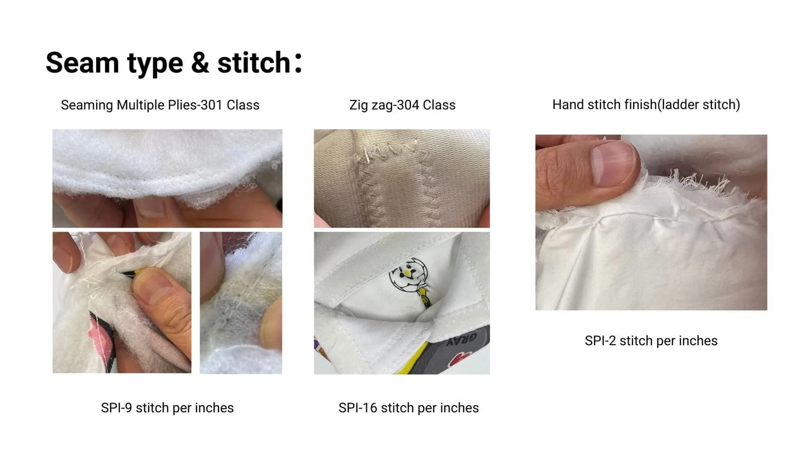 Photographs and notes comparing machine seams, zigzag stitching and a hand-finished ladder stitch in the reference toy.