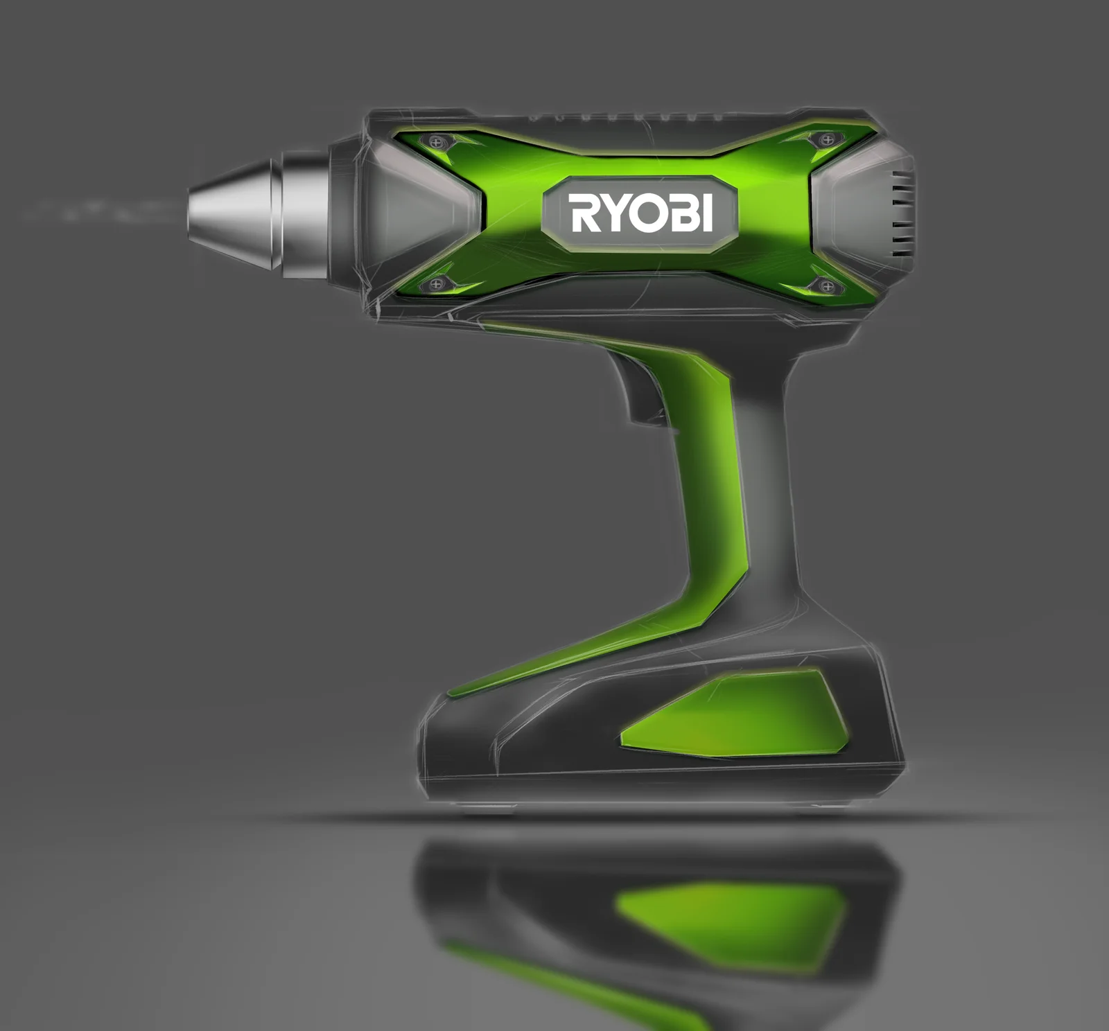 A green and black cordless drill with a rectangular battery base, metallic chuck and a reflection below.