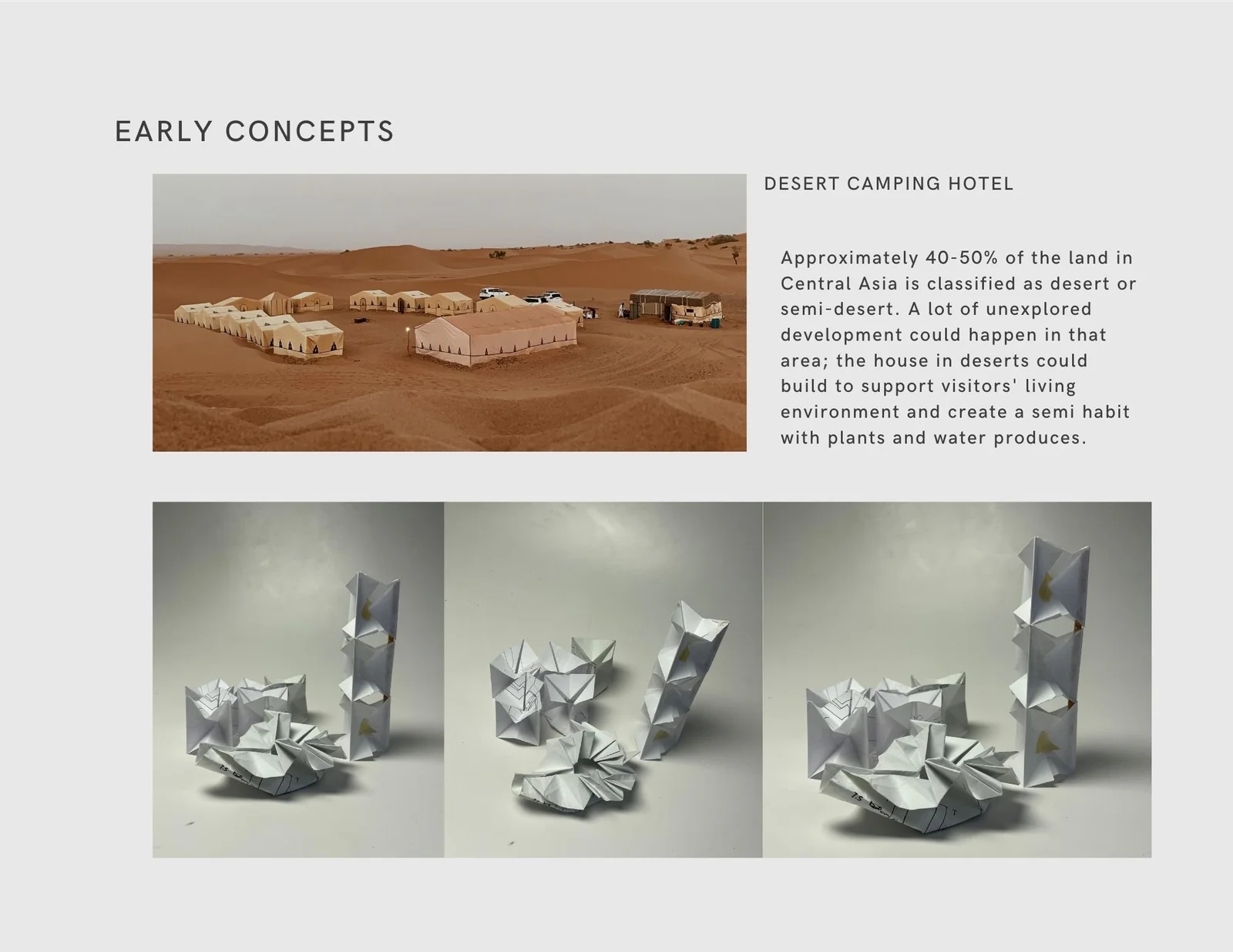 Desert camp references accompany small clustered and stacked modular form studies.
