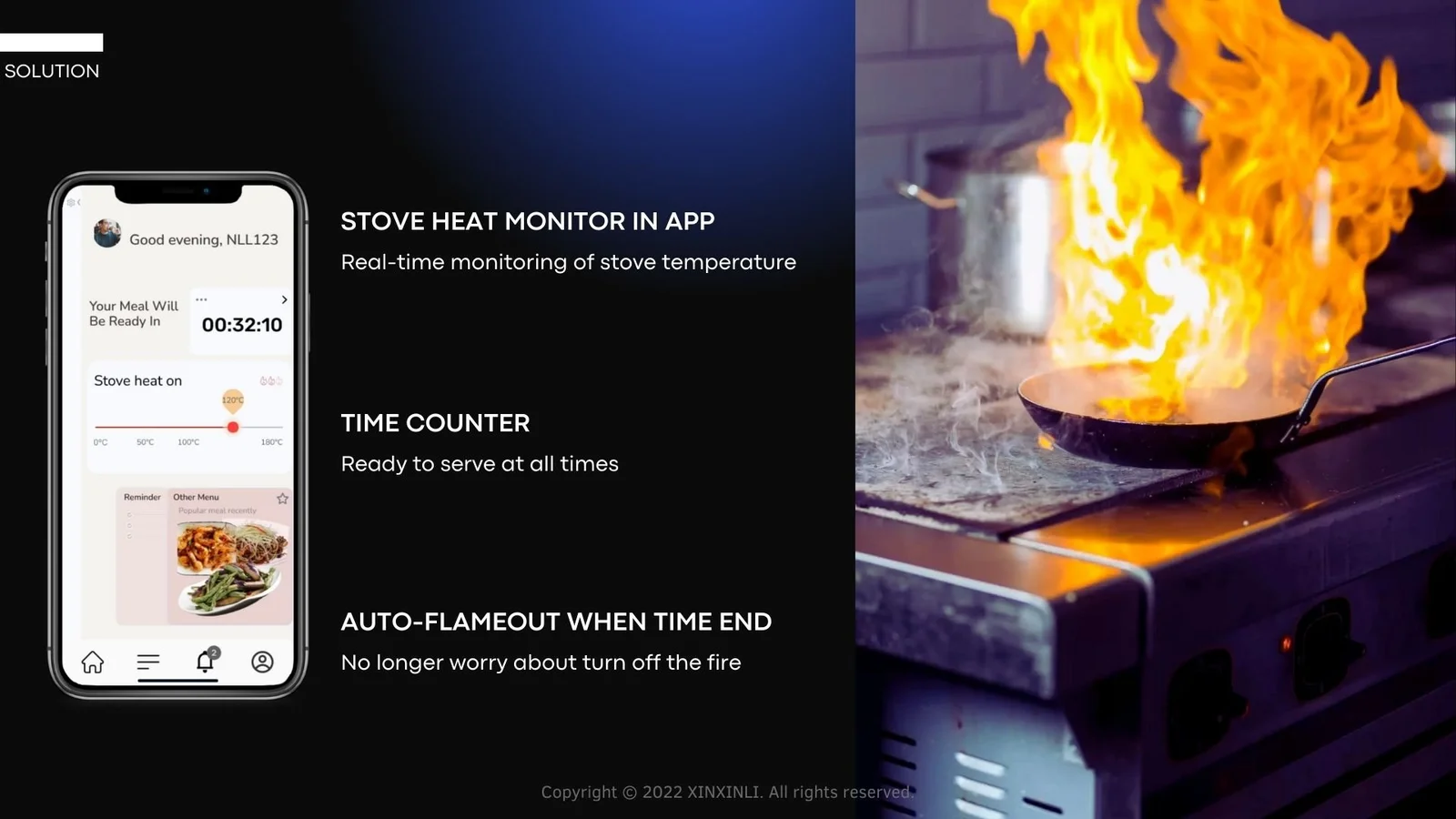 App screen with a cooking countdown and temperature display beside labels for monitoring, timing and automatic flameout.