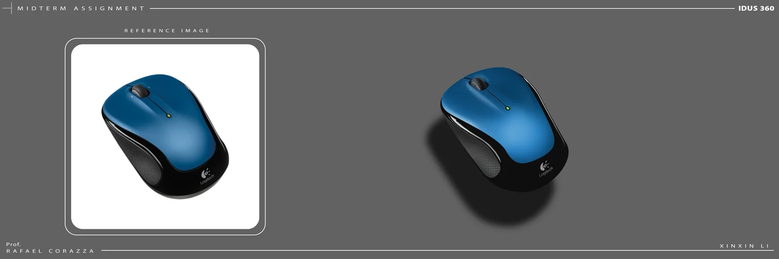 A blue computer mouse reference and a rendered study sit side by side against grey, exploring highlights and surface curvature.