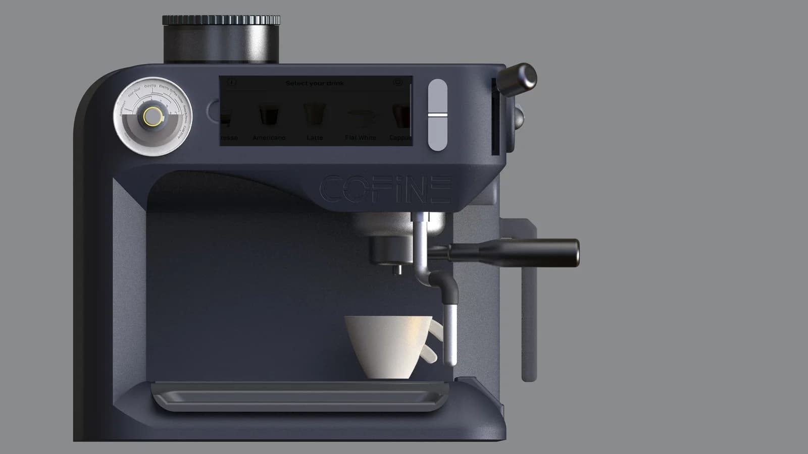 Front rendering with a white cup positioned below the portafilter.