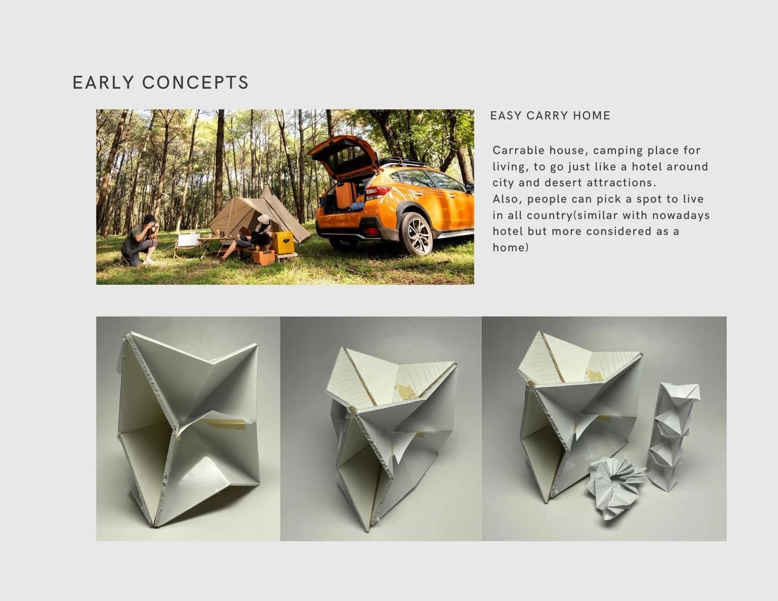 Reference images of tents and portable shelter sit above three folded, faceted form studies.