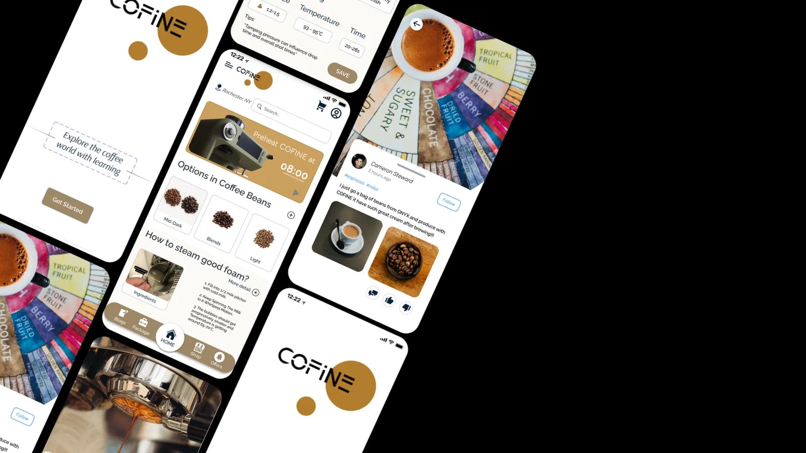 Phone-interface montage showing coffee-bean information, brewing and milk-steaming guidance, and community-style content.