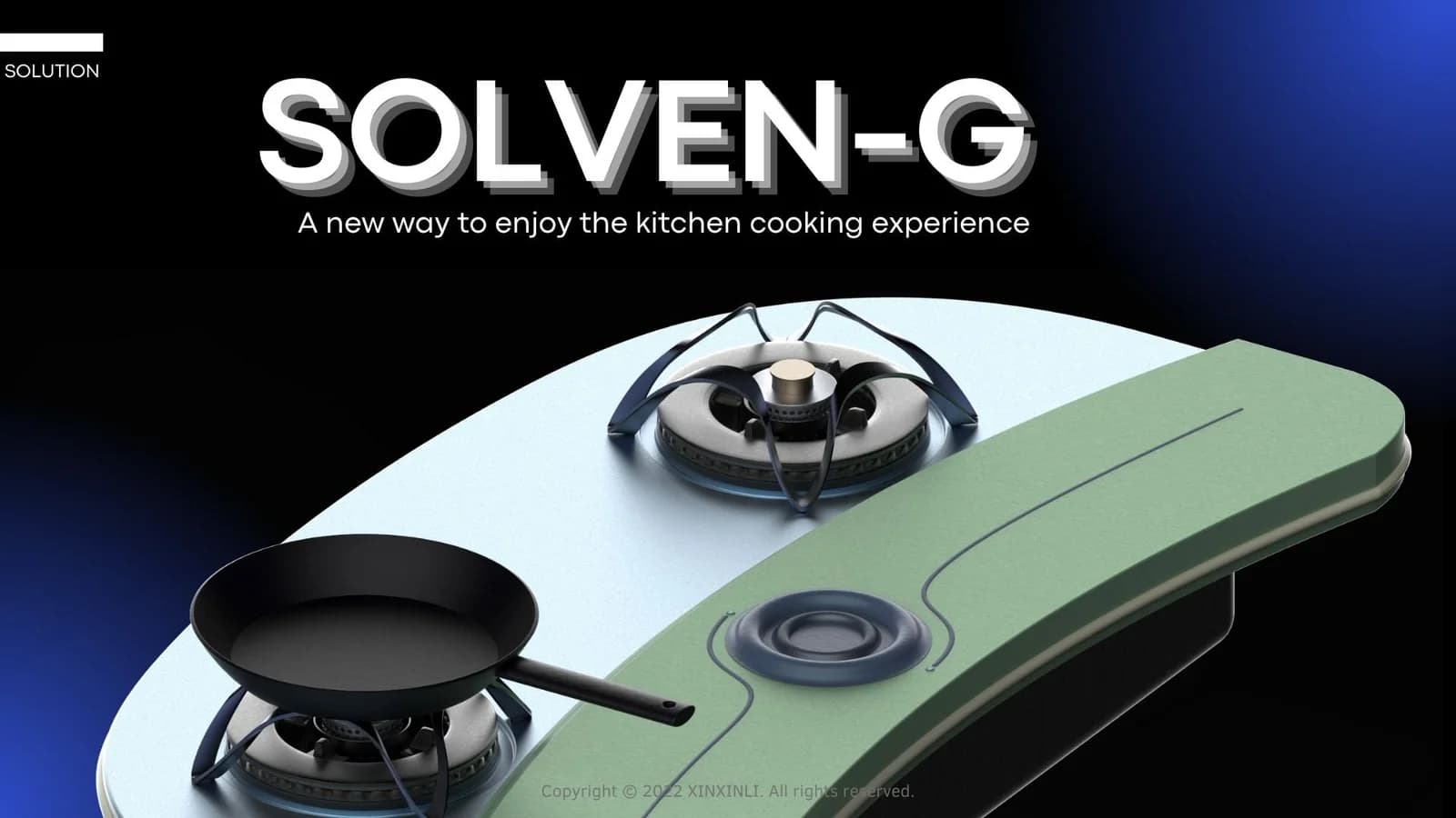Solven-G concept render with two gas burners on a rounded silver surface and a green front control panel.