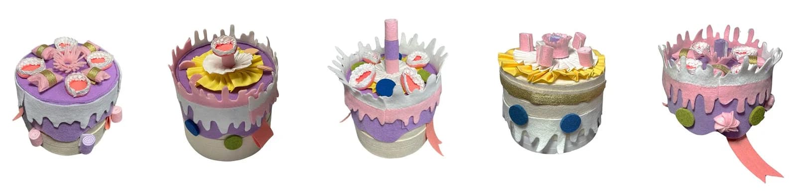 Five photographed fabric cakes showing alternative combinations of the soft pieces.