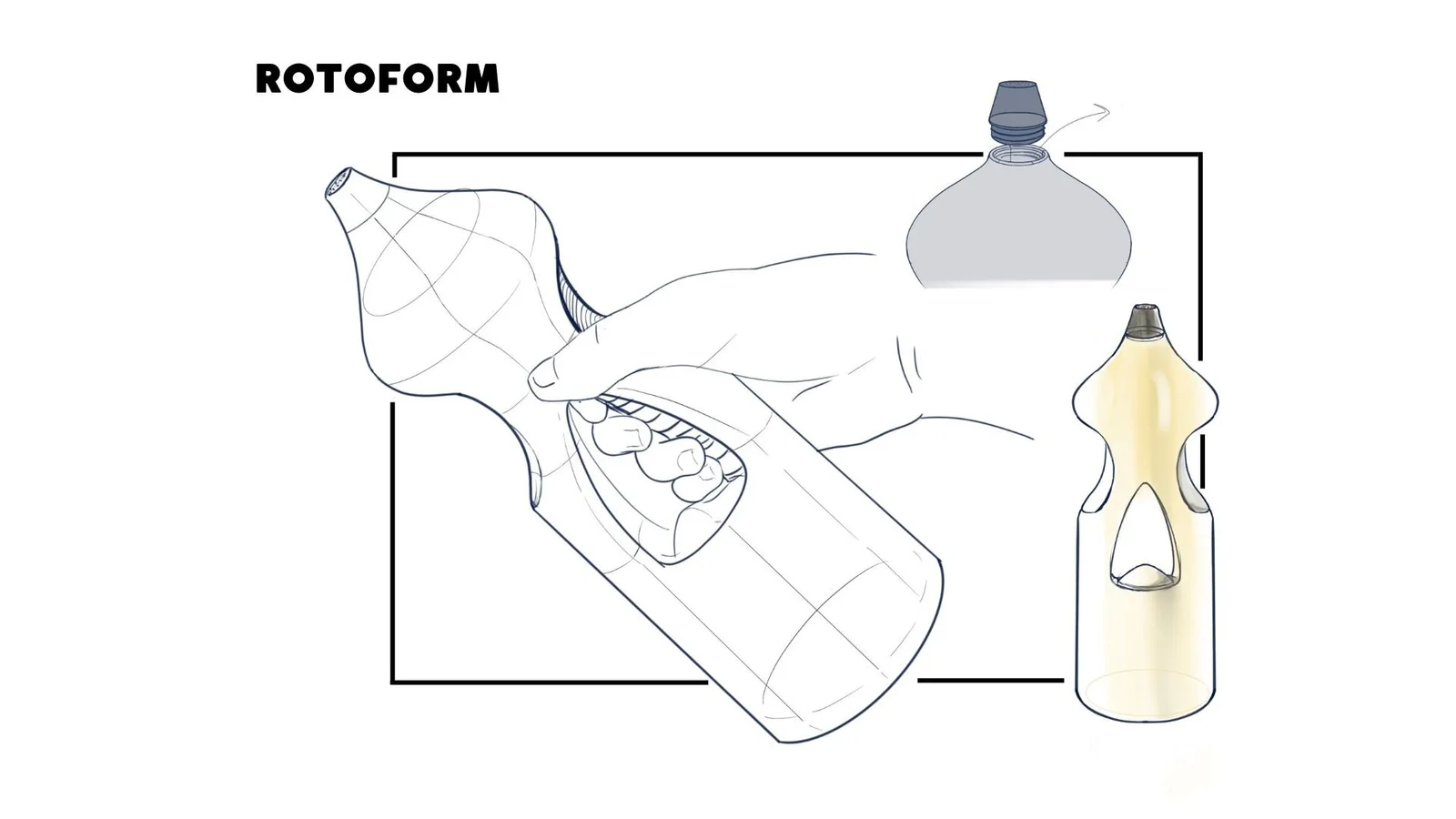 Rotational bottle-like forms shown with contour construction, shaded surfaces and reference objects.